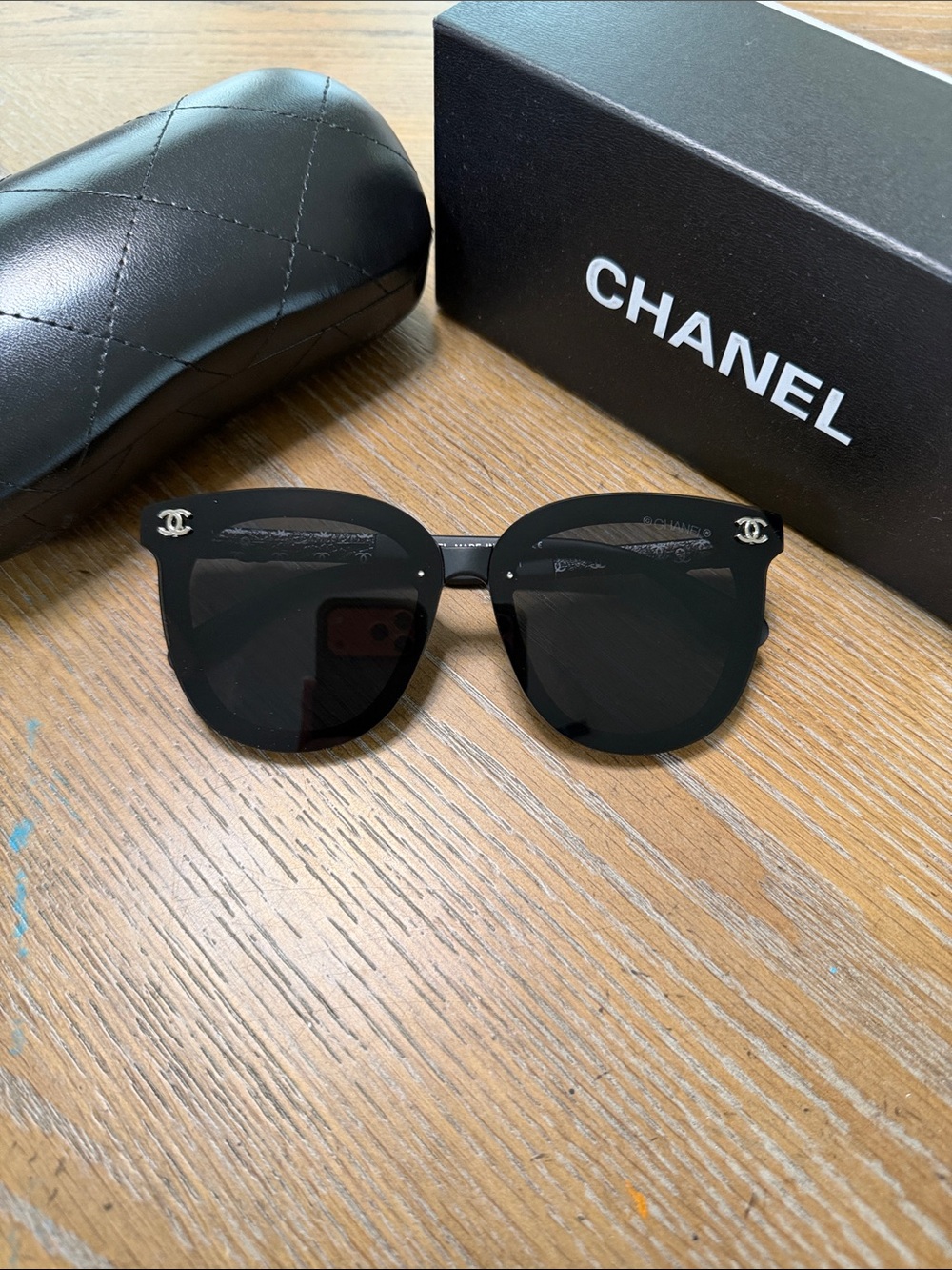 CHANEL Monogram Black Round Shield Sunglasses with Silver CC Accents
